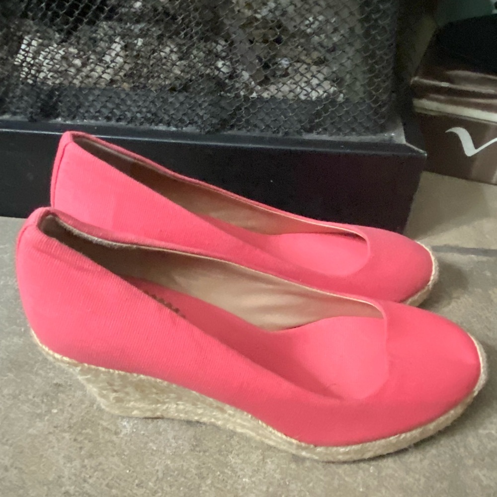 J.Crew Seville espadrille wedges in a bright pink, coral, or salmon canvas color